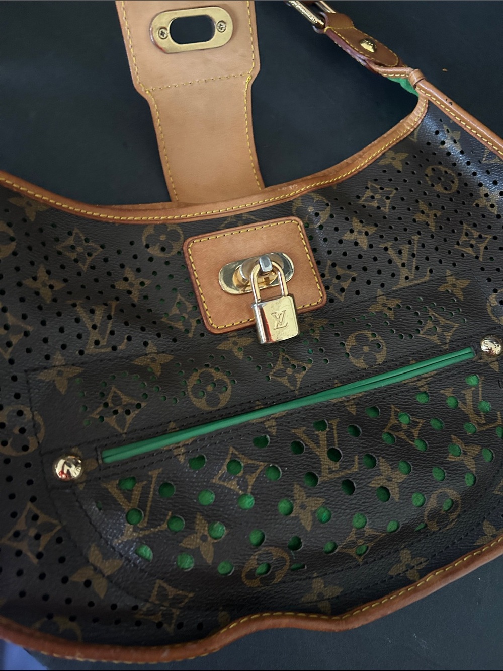 Beautiful Brown Monogram Shoulder Bag with Green Accents - Picture 16 of 17